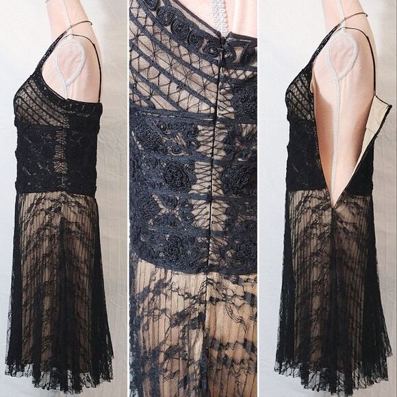 Sue Wong Y2K Black Gold Floral Crochet Lace Tank Midi Slip Dress Size 8 - Picture 17 of 17